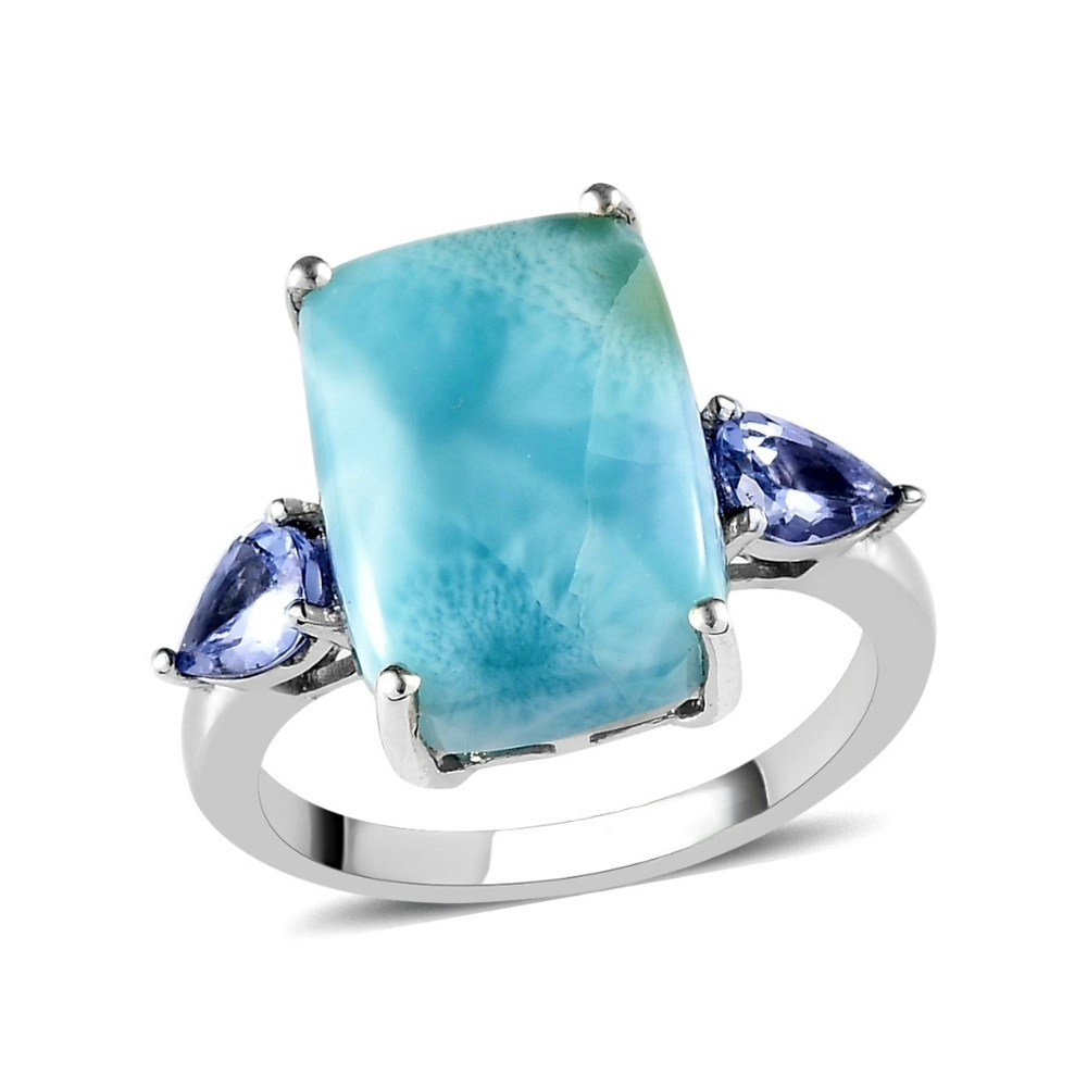 NWT PREMIUM LARIMAR & TANZANITE 3 STONE PLATINUM OVER STERLING SILVER RING SZ 7